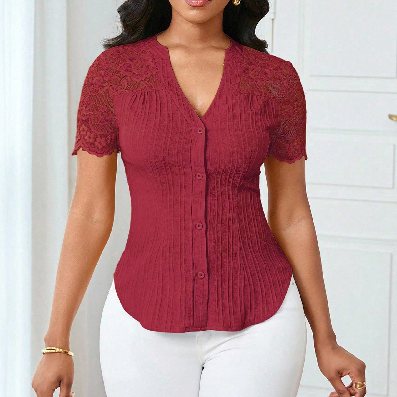 Everyday Lace V-Neck Button Blouse